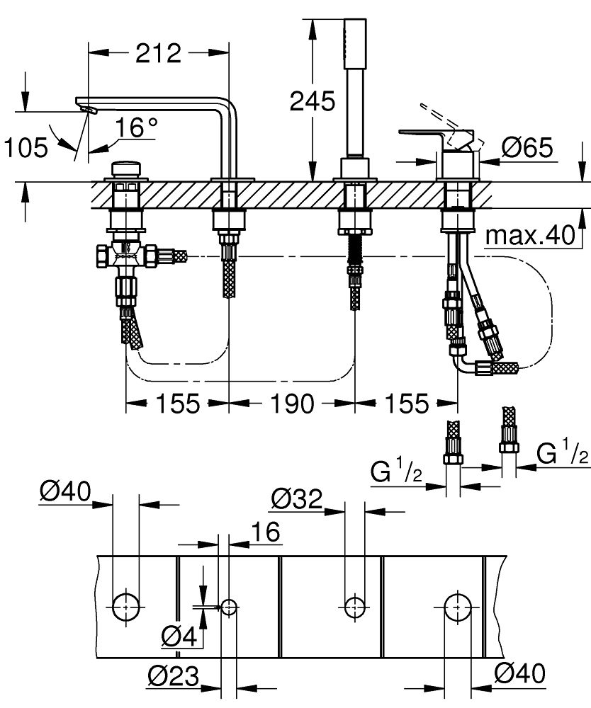 GROHE LINEARE 4-HOLE SINGLE-LEVER BATH COMBINATION MIXER | CHROME - ALTERNATIVE CODE: GH1957710F
