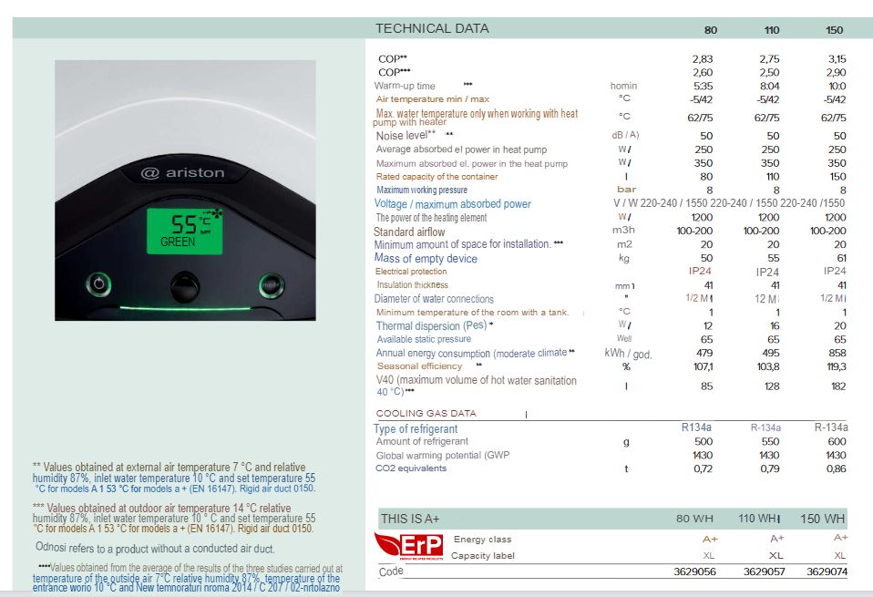 ARISTON WALL HUNG RESIDENTIAL HEAT PUMP NUOS EVO A+ 110 WH