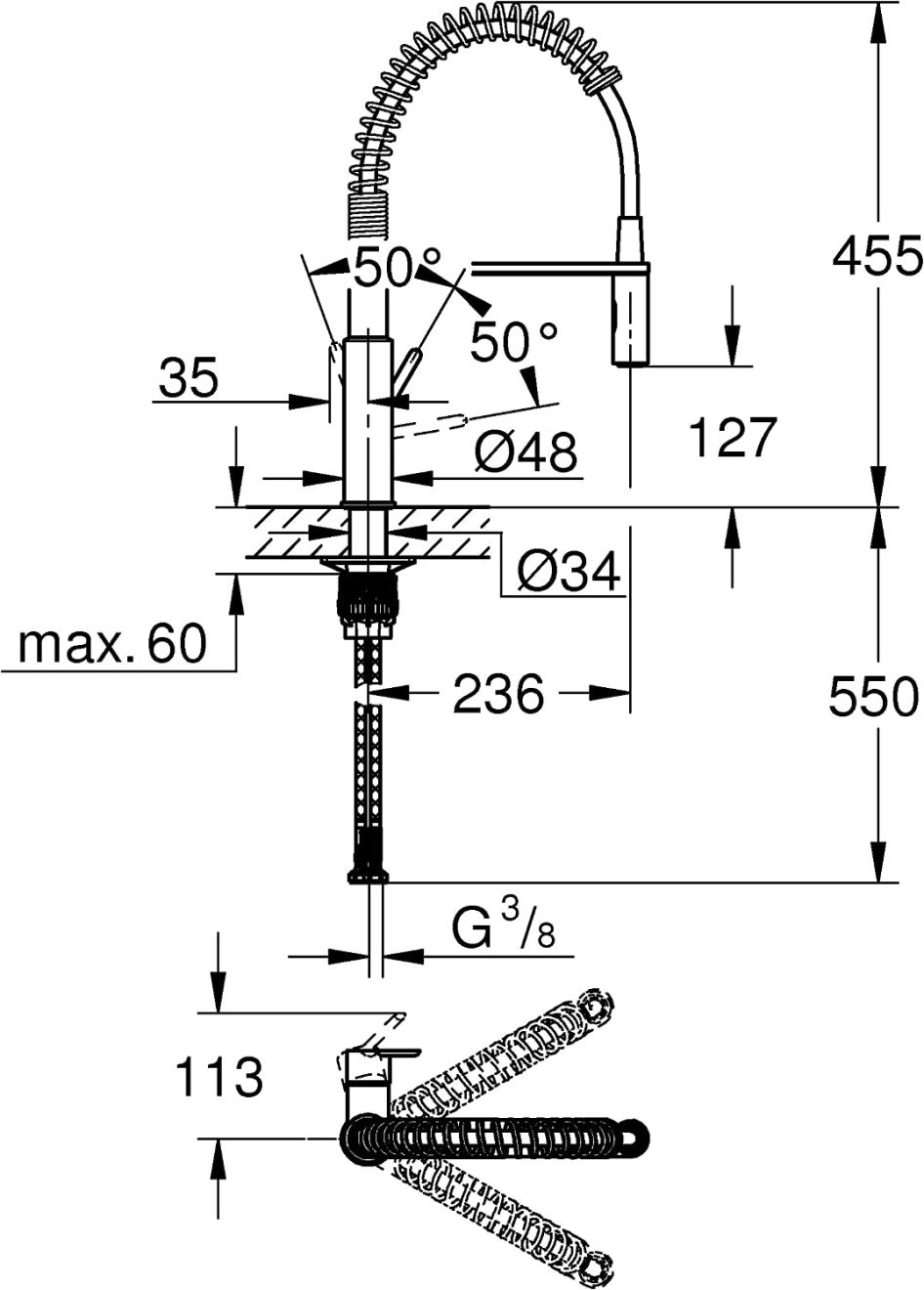 GROHE GET SINGLE-LEVER SINK MIXER, C-SPOUT PROFESSIONAL SPRAY | CHROME 1/2 IN