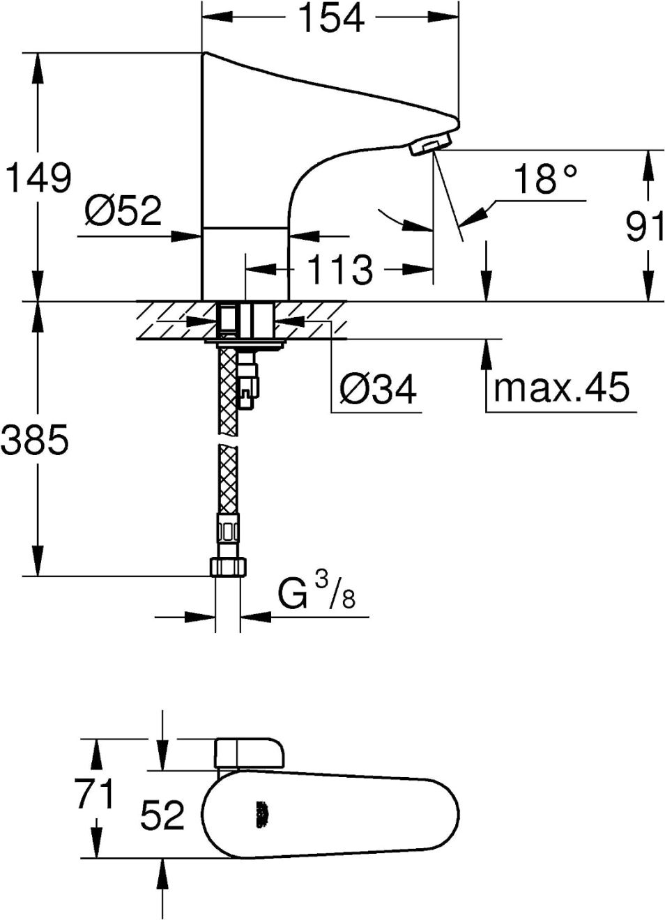 GROHE EUROPLUS E INFRA-RED BASIN MIXER WITH MIXING DEVICE & TEMPERATURE LIMITER | CHROME 1/2 IN