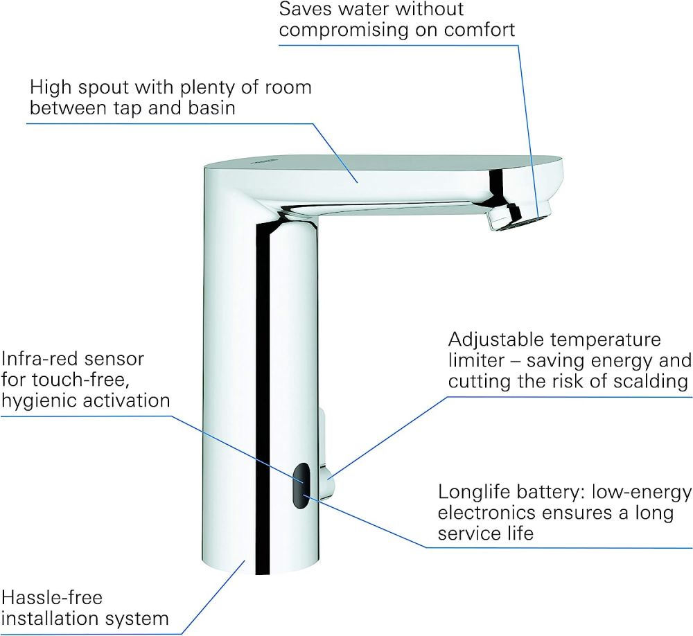 GROHE EUROSMART COSMOPOLITAN E INFRA-RED ELECTRONIC BASIN MIXER WITH MIXING DEVICE & ADJUSTABLE TEMPERATURE LIMITER L-SIZE | CHROME 1/2 IN