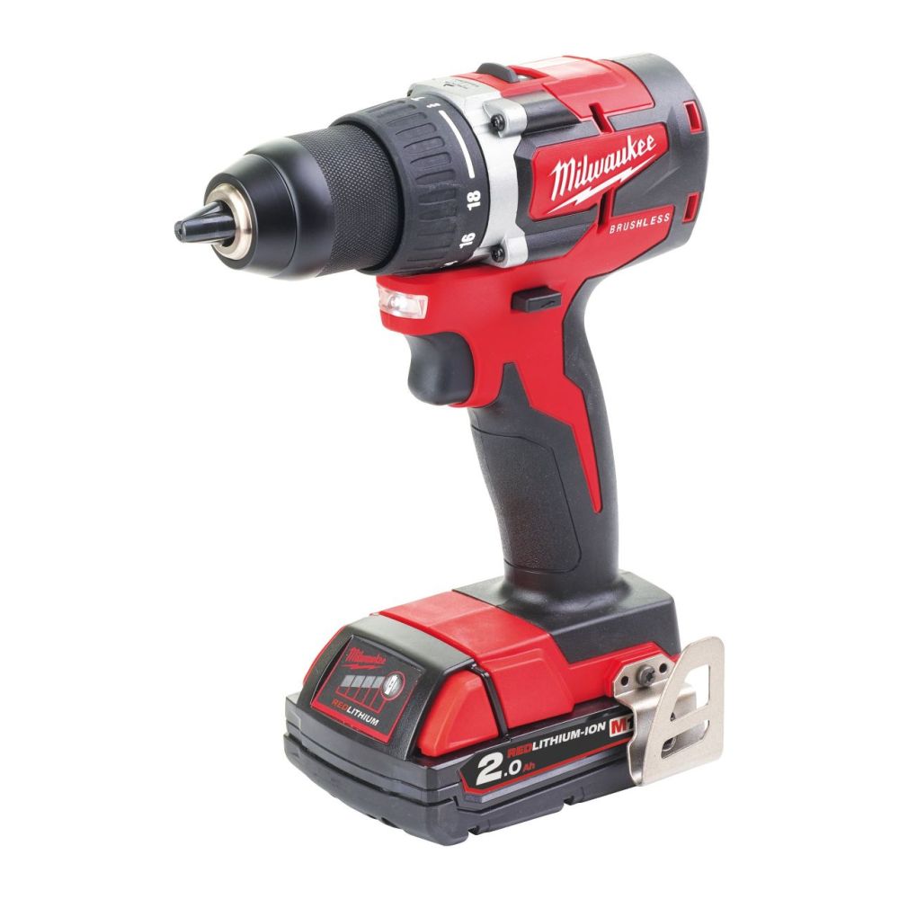 MILWAUKEE M18 COMPACT BRUSHLESS DRILL DRIVER KIT, 2 X 2.0 AH BATTERY PACKS, M12-18 C CHARGER, KITBOX