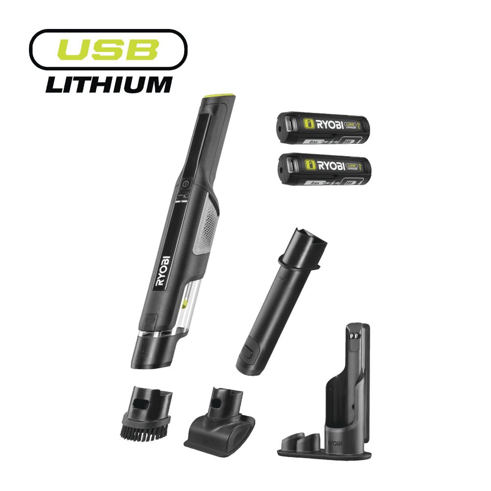 RYOBI 4V USB LITHIUM CORDLESS HAND VACUUM KIT WITH CHARGING BASE STATION, 2 X 2.0 AH BATTERY [RHV44-220G]