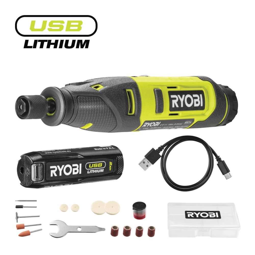 RYOBI 4V USB LITHIUM CORDLESS ROTARY TOOL STARTER KIT, 1 X 4V 2.0 AH BATTERY, USB C CHARGING CABLE [RRT4-120GA15]